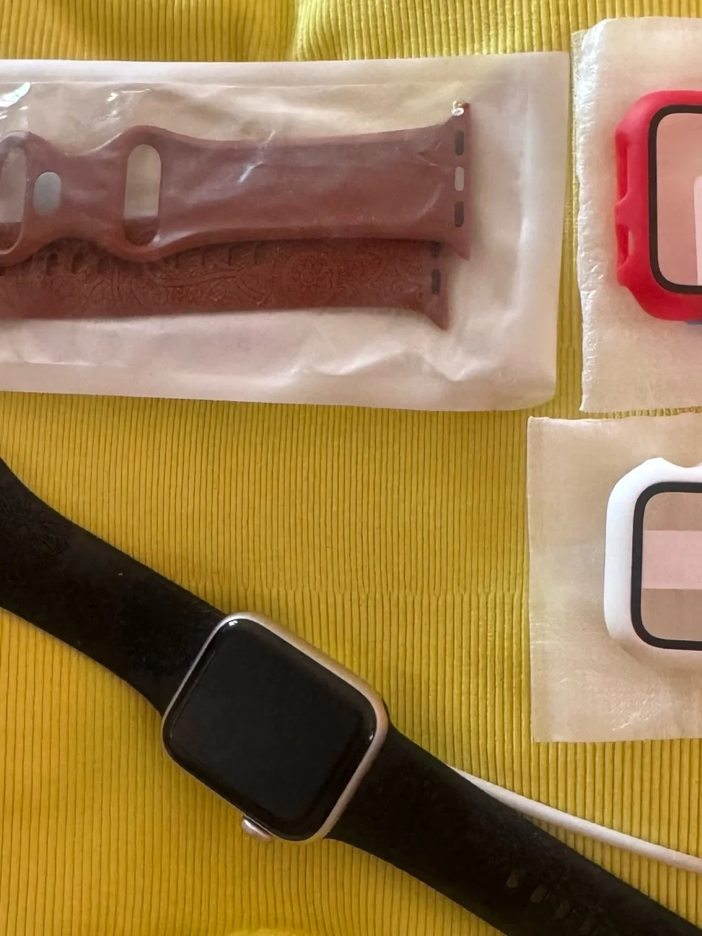 Apple watch Silver face, 1Black, 1brown Band, 2watch faces red&white, see pics
